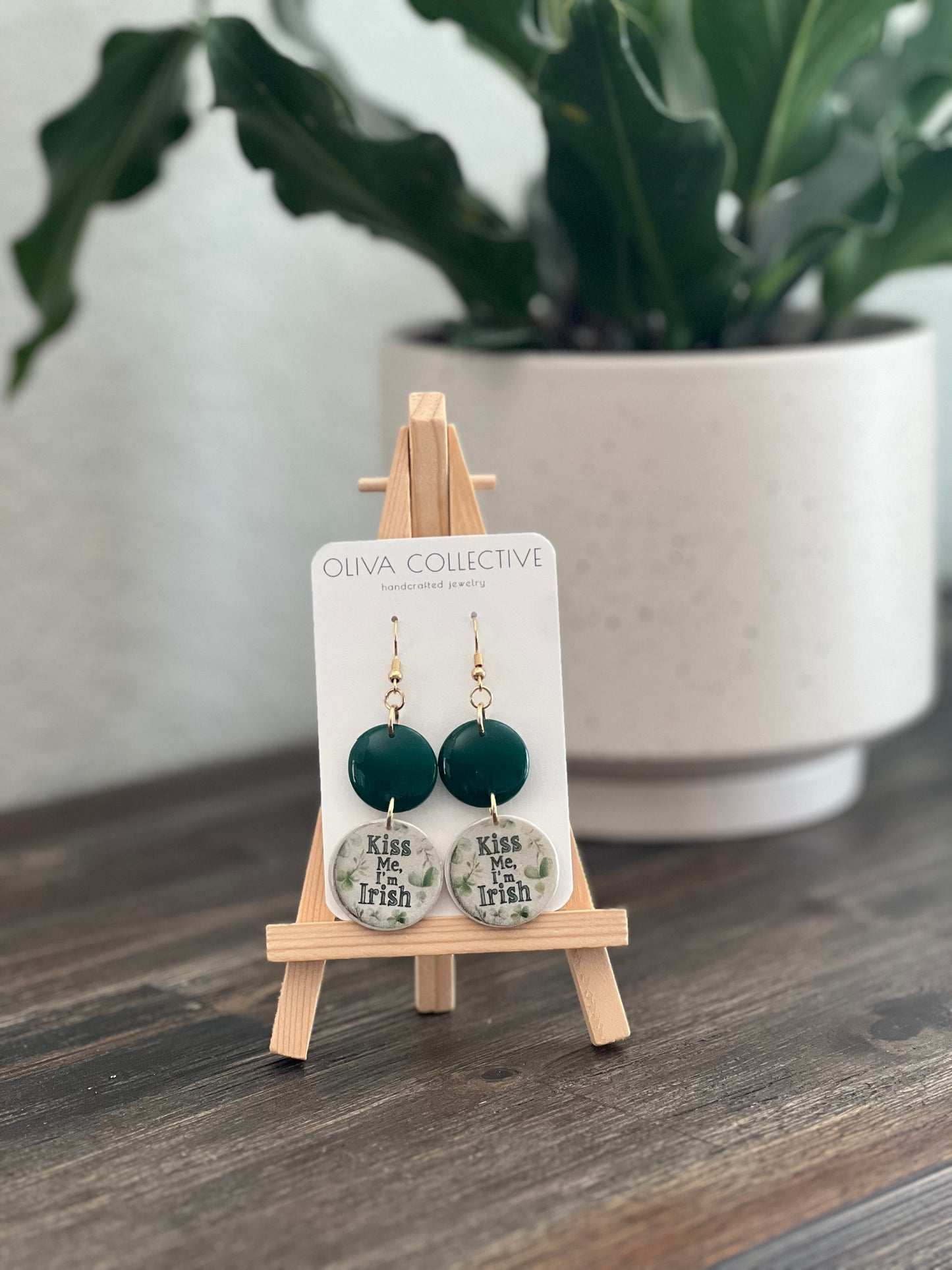 St Patricks Day Collection - Kiss Me I'm Irish Green Dangle Earrings