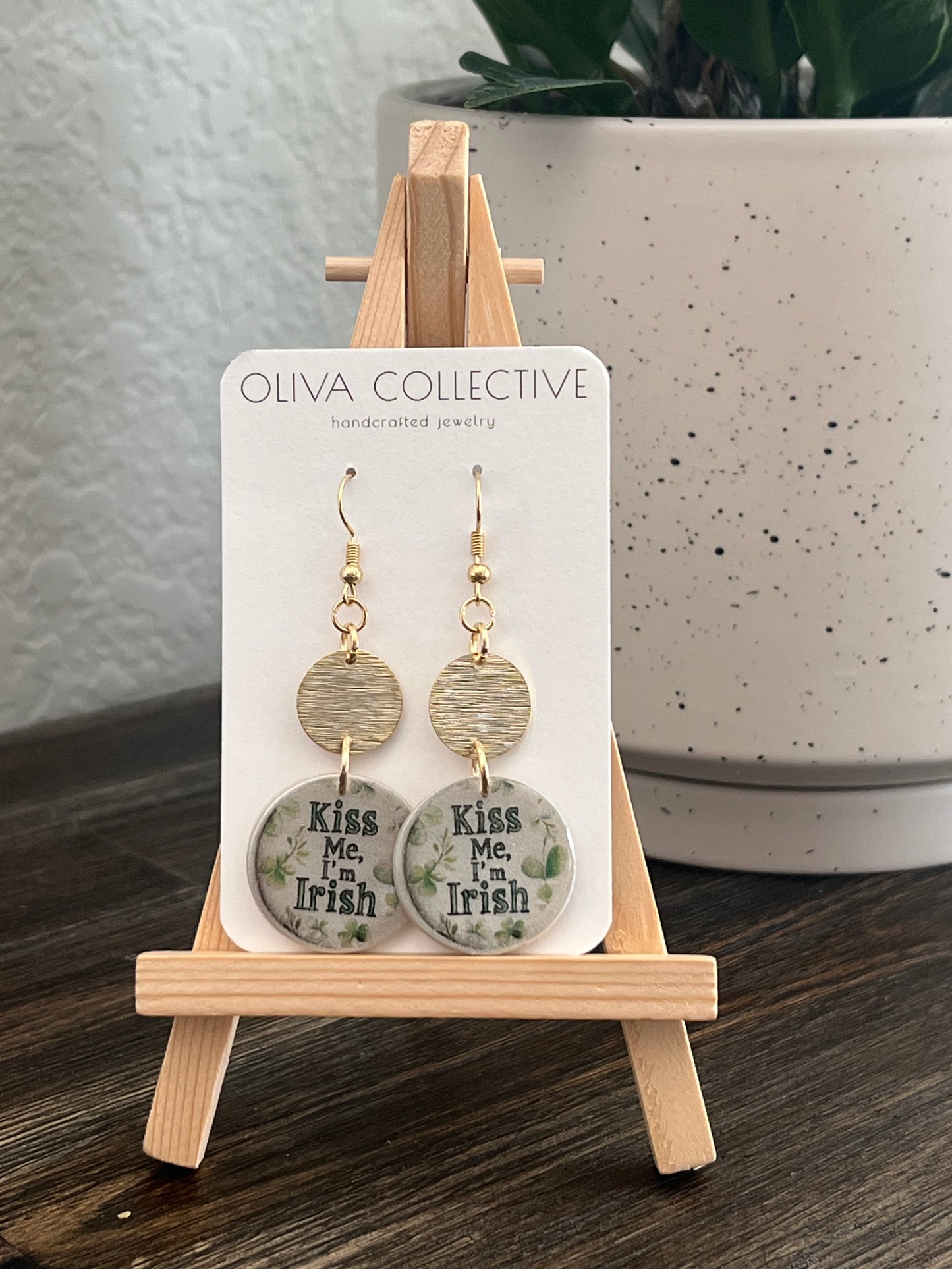 St Patricks Day Collection - Kiss Me I'm Irish Gold Dangle Earrings